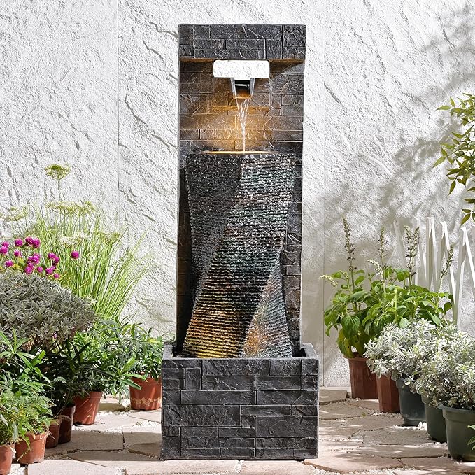 39.8" H Large Modern Indoor Water Fountains Floor Standing Waterfall Fountain for Indoor or Outdoor with LED Lights and Pump for Deck, Patio, Porch, Garden, Yard Decor