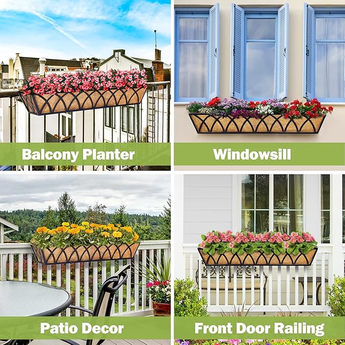 30 Inch Window Deck with Coco Liner, Fence Metal Hanging Flower Planter Window Basket Deck Railing Planter Boxes for Outdoor Garden Lawn，30" Window Boxes Horse Trough with Coconut Coir Liner, 4pcs
