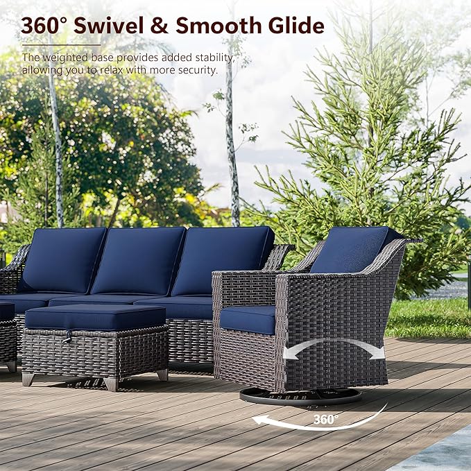 3 Pieces Wicker Patio Furniture, Luxury Outdoor Rattan Furniture with 2 Patio Swivel Chair,Side Table, Wide Armrest, Thickened Cushions, Ideal for Deck, Porch Use