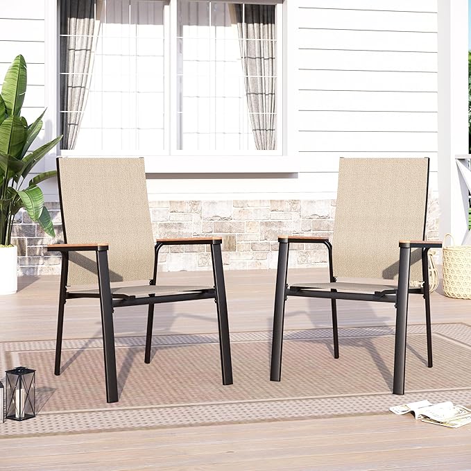 Sophia & William Patio Chairs Set of 2, Lightweight Aluminium Frame and Breathable Textilene Fabric, Stackable Outdoor Dining Chairs - Beige