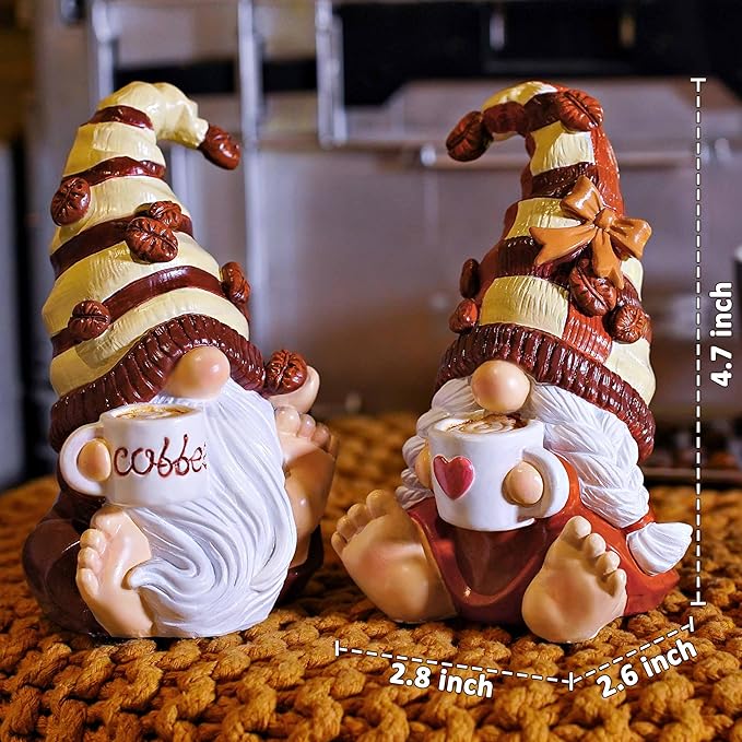 2PCS Coffee Gnomes Figurines Valentines Day Decorations Valentines Gifts Coffee Bar Accessories Decor Elfs Statue Cute Resin Housewarming Gifts for Women Tiered Tray Table Ornament,Sit 4.7H