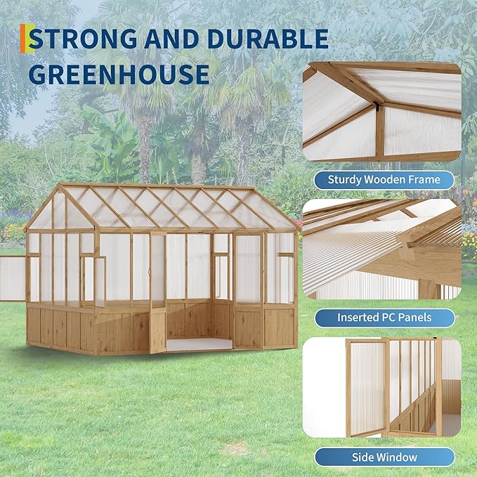 10X12 FT Heavy Duty Walk-in Wooden Greenhouse - Outdoor Green House Kit with 6mm Polycarbonate, Ventilated Window & Lockable Door for Backyard, Patio, Lawn