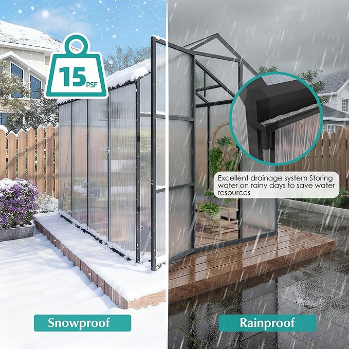 KEIKI 6x8 FT Polycarbonate Greenhouse for Outdoors, Heavy-Duty Aluminum Walk-in Greenhouse with Raised Base, Roof Vent & Drainage System, All-Season Garden Greenhouse, Black