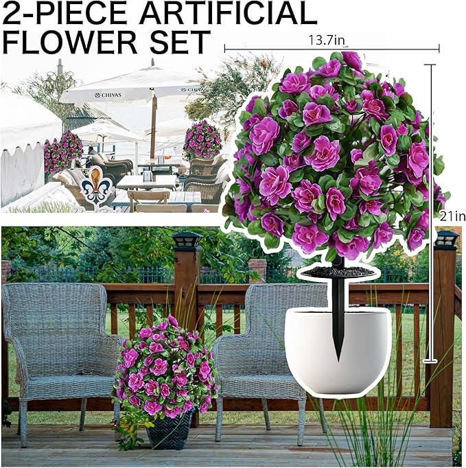 AZXVT Artificial Flowers for Outdoors, Faux Outdoor Plants Fake Plants Topiary Balls Artificial Outdoor Set of 2 with Ground Spike for Home Front Porch Patio Garden Decor (Rose Purple)