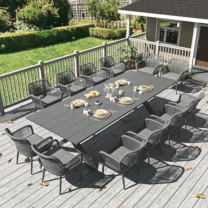 LayinSun Outdoor Dining Set for 12, 13 Pieces Patio Furniture Sets with Aluminum Dining Table and Rope Weave Chairs