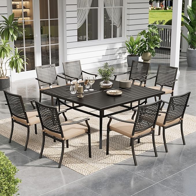Sophia & William Patio Table and Chairs Set, Outdoor Dining Set for 8, 9 Piece Metal Patio Furniture, 60" Black Square Table(Beehive)