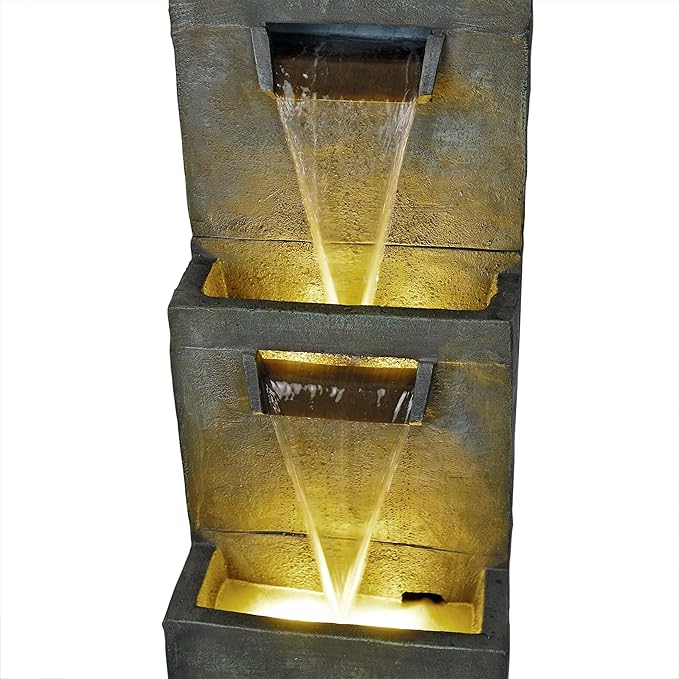 Alpine Corporation 40" Tall Two-Tier Modern Polystone Floor Fountain with Warm White LED Lightsl, Gray