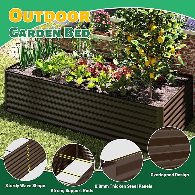 Domi 6×3×2 ft Galvanized Raised Garden Bed, Outdoor Planter Garden Boxes Large Metal Planter Box for Gardening Vegetables Fruits Flowers, Brown