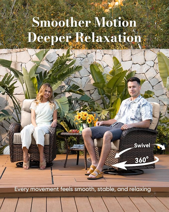 Belord Upgraded 6“ Cushion Luxury Patio Furniture Set with Fire Pit Table - 7 Piece Wicker Furniture Set with High Back Swivel Rocker Patio Chairs, Conversation Set for Deck Porch Yard - Brown/Beige