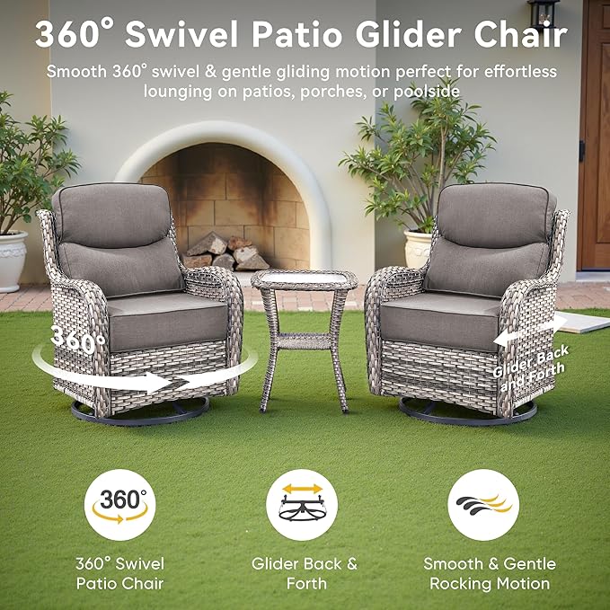 Luxury High Back Outdoor Furniture 6-Inch Thick Cushions with 50,000 BTU Gas Propane Fire Pit Tablet, Patio Furniture Set with Swivel Chairs, 8 PCS for Porch, Balcony, Deck and Yard
