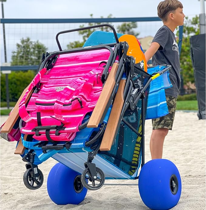 Beach Cart Balloon Wheel Deluxe Heavy Duty Folding Ocean Utility 13” x 7” Sand Wheels Holds 4 Folding Chairs Umbrella Holder Removable Beach Bag Blue Striped Pattern