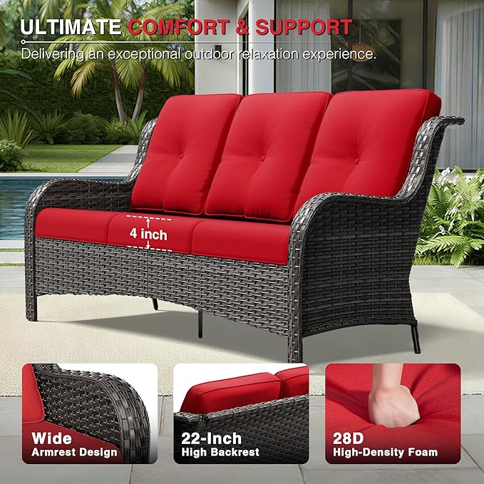Joyside 4 Piece Wicker Patio Furniture Set with Fire Pit Table, Rattan Patio Chairs with High Back, Deep Seating, Wide Armrest, Thickened Cushions, Outdoor Furniture for Deck, Porch Use
