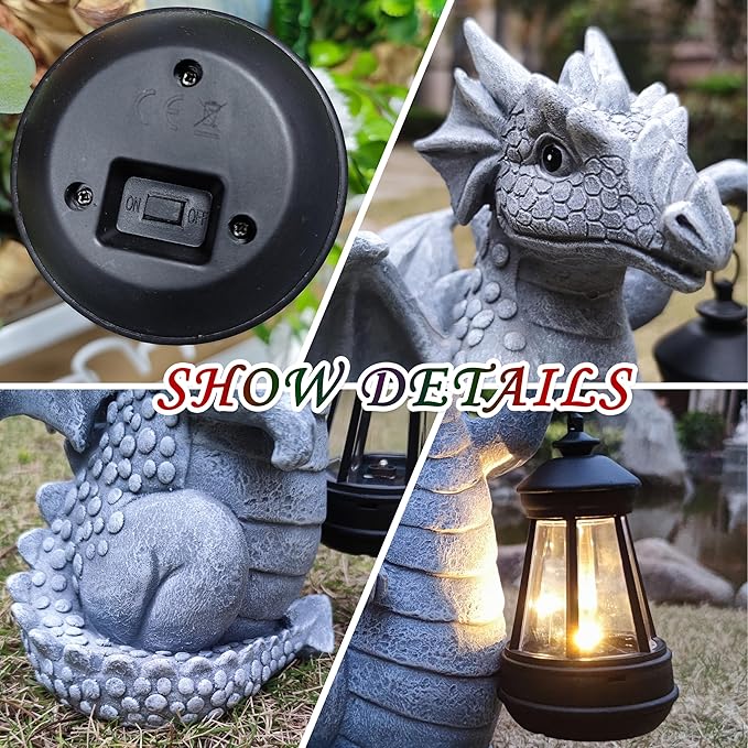 Qobumy Solar Dragon Garden Statue Decoration with Solar Lantern,Dragon Figurine Lights Outdoor Décor for Yard，Lawn ,Patio, Balcony, Unique Housewarming Ornament