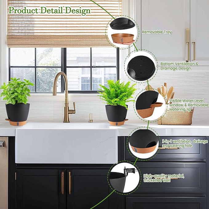 Fielda Self Watering Pots for Inoor Ourdoor Plants 10/9/8/7/6.5 Inch Plastic Planters with Drainage Holes & Water Level Indicator, Decorative House Flower Nursery Planting Pots with Saucers (Black)