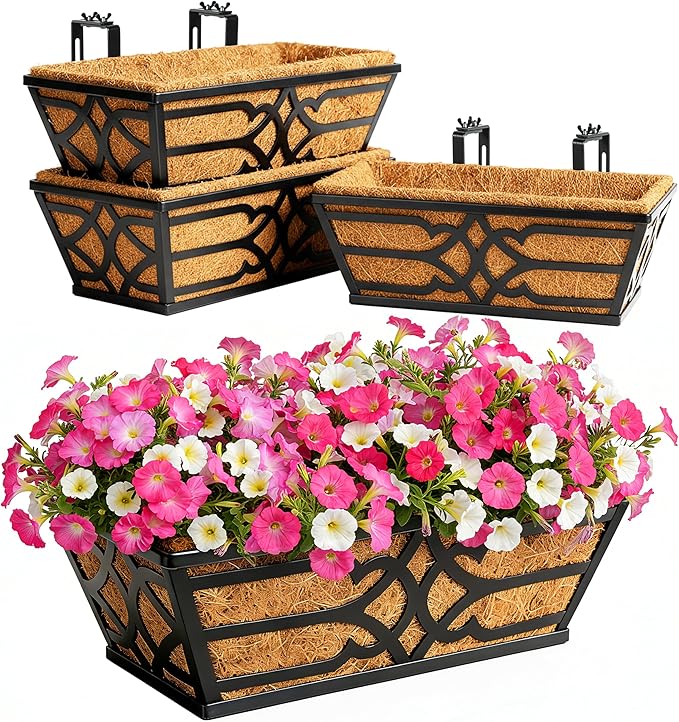 Railing Planter Box, Window Planter Boxes Outdoor 4 Pack 16 Inch Hanging Planter with Adjustable Bracket for Porch, Fence Flower Baskets with Coco Liners