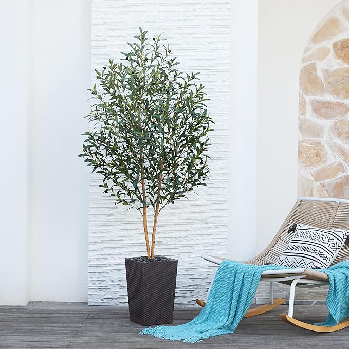 VeriNatural Artificial Olive Tree 6FT - Tall Faux Olive Trees with Natural Wood Trunk, Silk Leaves, Brown Taper Planter & Pebbles, UV Resistant Fake Plants Indoor for Home Decor, Office,Outdoor,VN131