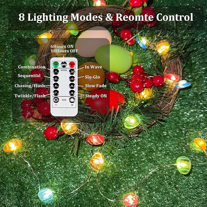 Easter Decorations Easter Egg Lights, Pastel Fairy Lights Battery Operated with Remote & 8 Modes & Timer, Waterproof Twinkle String Light Indoor Outdoor for Spring Themed Party Home Decor (Multicolor)