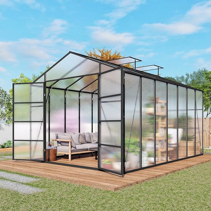 Greenhouse for Outdoors 10x14X8.7FT, Polycarbonate Greenhouses with Stronger Wind Protection and Roof Vent, Walk-in Large Aluminum Winter-Proof Sunroom, Black