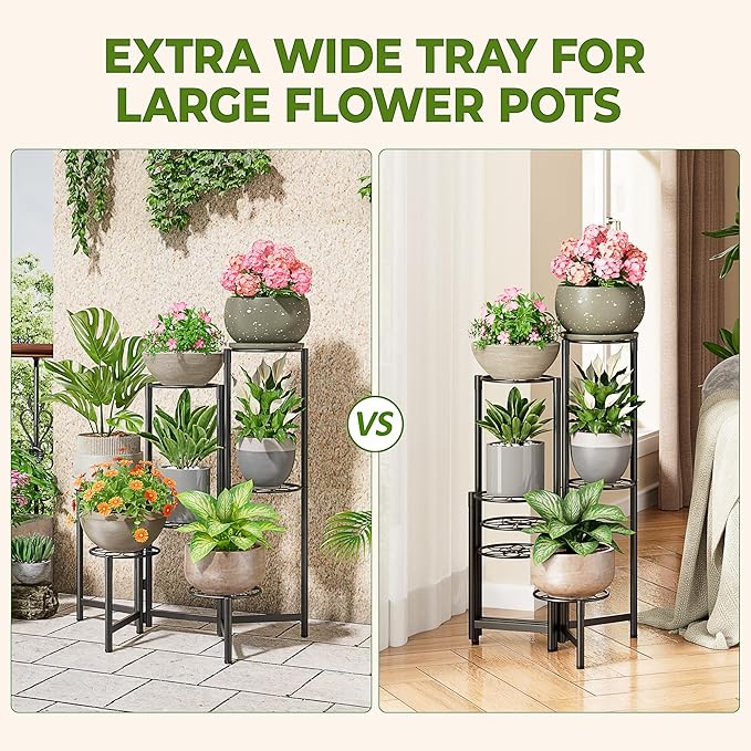NQW 7 Tier Metal Patio Plant Stand Outdoor, Heavy Duty Flower Stands for Indoor Plants, Floding Tall Corner Shelf for Diaplay Racks for Home Decor, Graden, Balcony -BlackDiamond