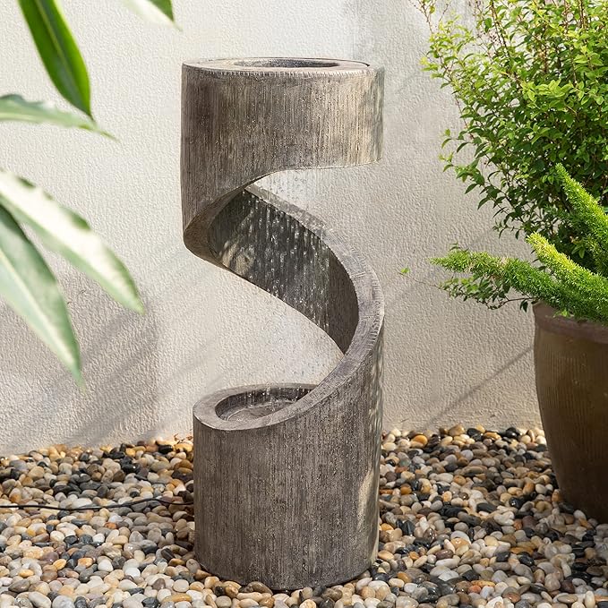 Glitzhome Tiered Outdoor Water Fountain with LED Light, Curved Outdoor Fountain Waterfall with Stone Planter, Freestanding Spiral Outdoor Garden Water Fountains, 31.3”H