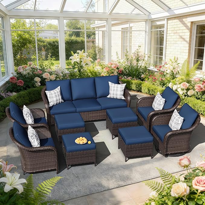 9 PCS Outdoor Conversation Set | 78" Couch, 2 Swivel Chairs, 2 Chairs, 4 Ottomans, Patio Wicker Conversation Furniture with Removable Cushions for Bistro, Deck, Sunroom (Navy Blue)