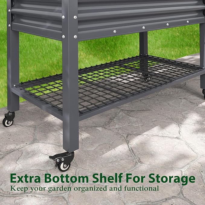 BlueWish 48" W x 24" D x 34" H Outdoor Galvanized Garden Bed, Elevate Raised Bed with Detachable Black Liner, Rolling Casters, Storage Shelf, Planter Boxes for Gardening, Vegetable, Flower, Grey
