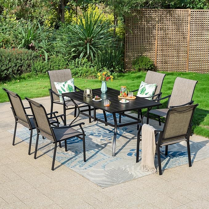 MFSTUDIO Patio Table and Chairs Set, 7 PCS Outdoor Dining Set with 6 Patio Dining Chairs and 1 Heavy Duty Metal 60" Table for 6, All Weather Resistant Patio Furniture, Grey