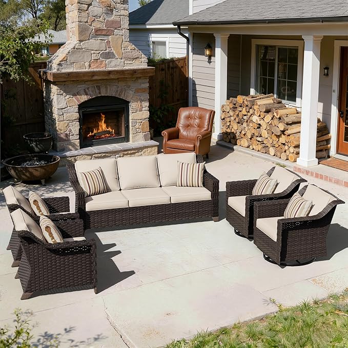 5 Pieces Patio Conversation Furniture Set - 1 Sofa, 2 Armchairs, 2 Swivel Chairs, Outdoor Wicker Furniture with Removable Cushions for Porch, Balcony, Sunroom (Beige)