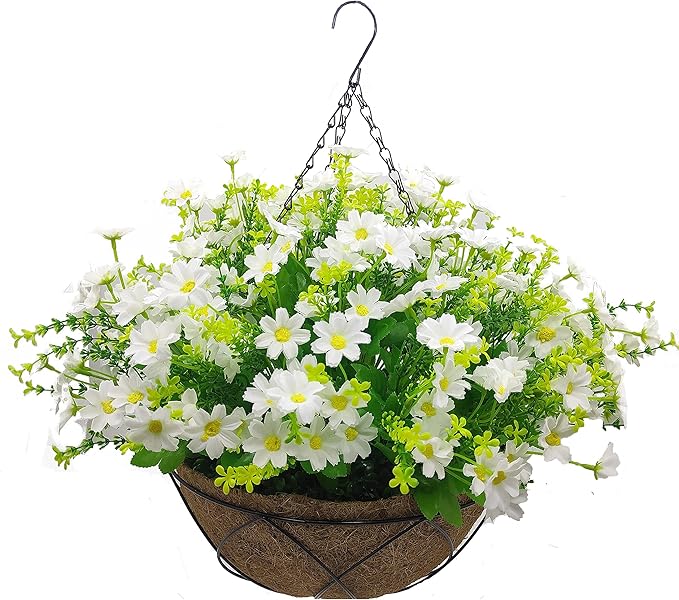 Lamsze Artificial Hanging Flowers with Basket,Fake Daisy Flowers in 12 inch Coconut Lining Hanging Baskets for The Decoration of Courtyard, Indoors, and Outdoors(White)