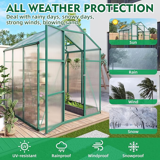 6x6 FT Greenhouse,Outdoor Greenhouse W/ Roof Vent,Walk-in Aluminum Polycarbonate Green Houses W/ Drainage System & Ground Nails,for Outside Garden,Backyard,Patio,Lawn,Green