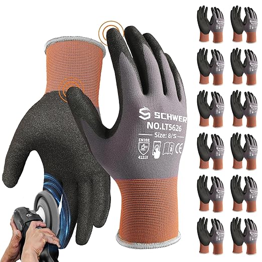 Schwer 12 Pairs Safety Work Gloves Sandy Nitrile Coated LT5626, Max Abrasion Resistant Heavy Duty Working Gloves with Grip for Men Women, Touch-Screen, for General Use, Mechanic, Construction, S