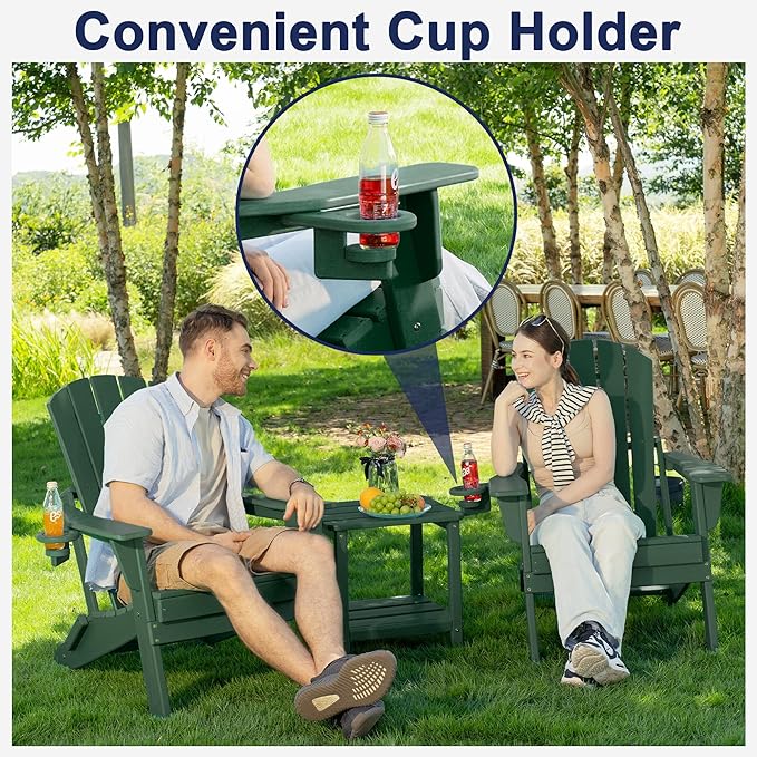 Plawdlik Folding Adirondack Chair, SGS Tested, Wooden Textured with Cup Holder, Heavy All-Weather HDPE Comfortable Set Poolside Backyard Lawn Green Set 4