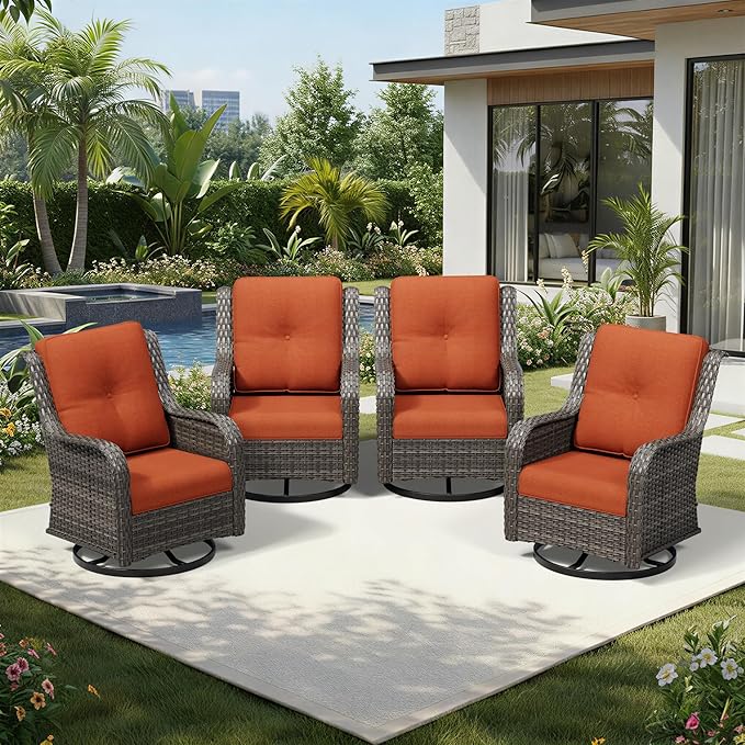 Joyside 4 Piece Outdoor Swivel Rocker Patio Chairs, Wicker Patio Furniture with High Back, Deep Seating, Wide Armrest, Thickened Cushions, Outdoor Rattan Furniture for Deck, Porch Use