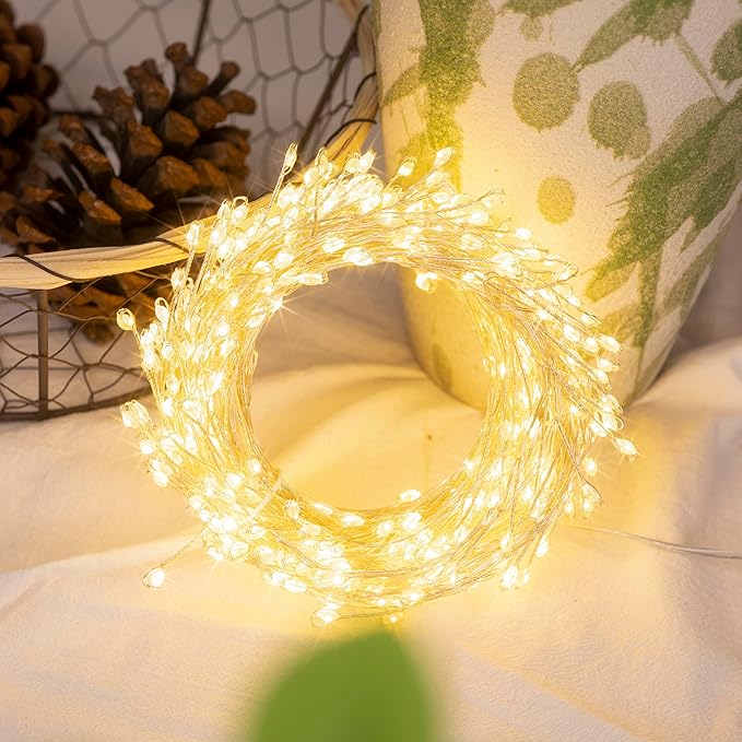 Fairy Lights Plug in, 20FT 200LED Firecracker String Lights Waterproof Silver Wire, for Bedroom/DIY/Party/Garden/Porch/Patio/Backyard/Christmas Tree, with Remote Timer & 8 Modes, Warm White