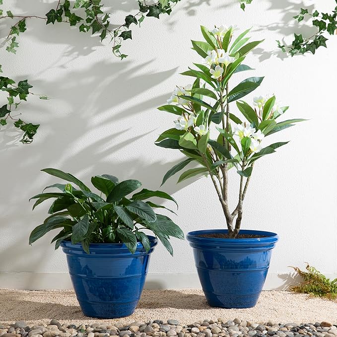 Glitzhome 15.5" D Large Flower Pots, Set of 2 Large Planters for Outdoor Plants with Drainage Holes, Cobalt Blue Faux Ceramic Finish, Plastic Tall Flower Pots for Garden, Patio, Porch or Indoor Use
