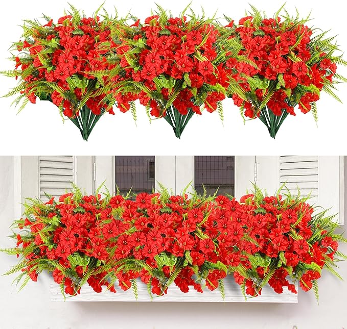 HIAGROW Artificial Flowers Outdoors 12 Bundles Artificial Petunias Fake Flowers UV Resistant Shrubs Plants with Fern for Indoor Outside Hanging Planters Home Garden Summer Decorations (Red)