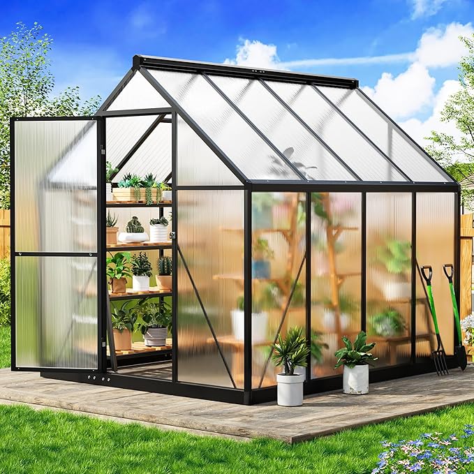 6×7.5 FT Outdoor Polycarbonate Greenhouse, Quick Setup Heavy Duty Greenhouse for Outside with Roof Vent, Large Walk in Green Houses with Lock for Garden Backyard, Black