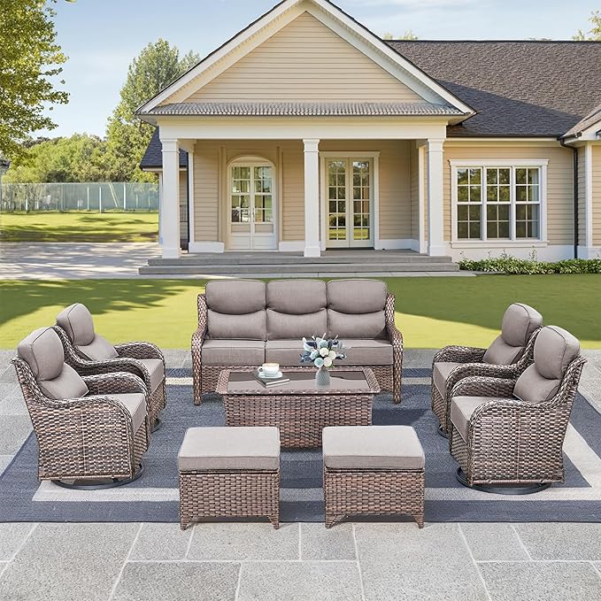 Luxury High Back Outdoor Furniture with 6-Inch Thick Cushions, Patio Furniture Set with Swivel Chairs, 8 PCS Wicker Conversation Set for Porch, Balcony, Deck and Yard