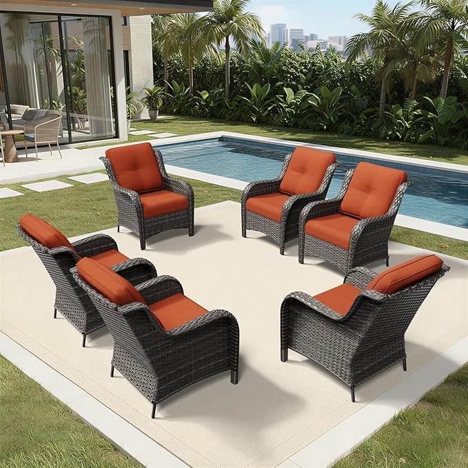 Joyside 6 Piece Wicker Patio Furniture Set, Rattan Patio Chairs with High Back, Deep Seating, Wide Armrest, Thickened Cushions, Outdoor Furniture for Deck, Porch Use