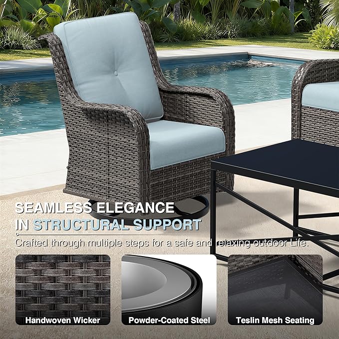 Joyside 3 Piece Wicker Patio Furniture Set, Outdoor Swivel Rocker Patio Chairs with High Back, Deep Seating, Wide Armrest, Thickened Cushions, Outdoor Furniture for Deck, Porch Use
