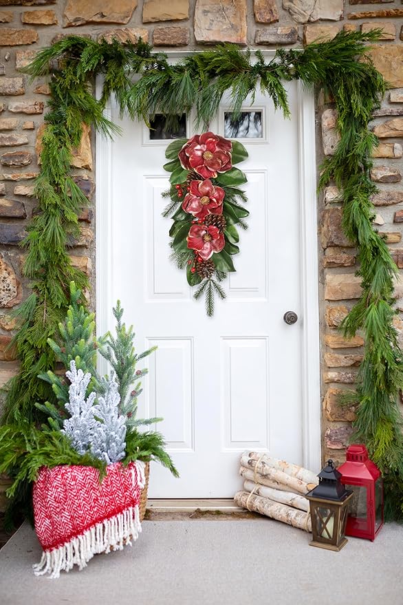 Briful 28.7 Inch Christmas Magnolia Flower Teardrop Swag – Red Magnolia Door Swag with Pine Cones Berries Artificial Christmas Hanging Teardrop for Xmas Home Holiday Front Door Outdoor Porch Decor