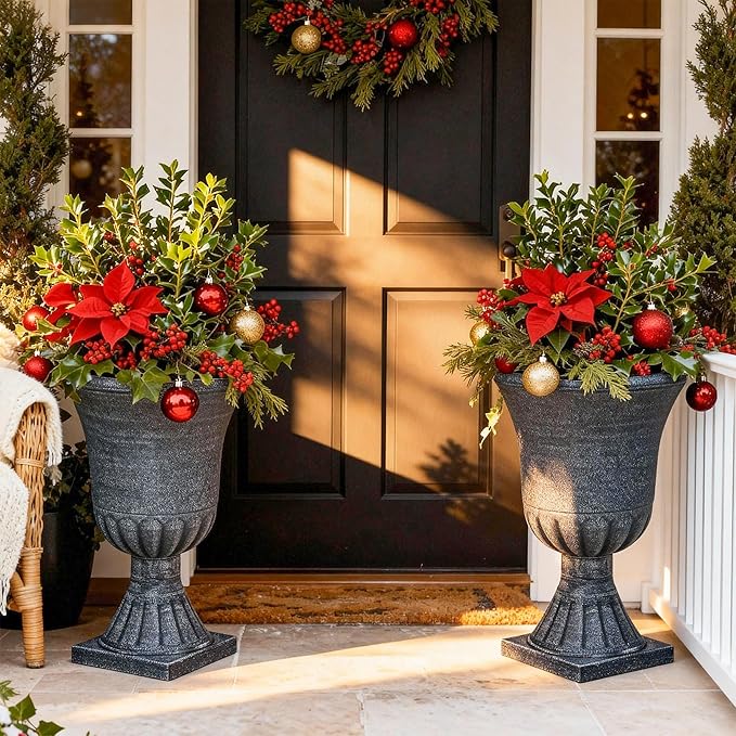 Autodaya 22" Tall Planters Set of 2, Washed Black Urn Outdoor Pots for Plants, Versatile Indoor/Outdoor Flower Pots w/Drainage Holes for Patio, Garden, Porch & Living Room Decor, Ideal Gift