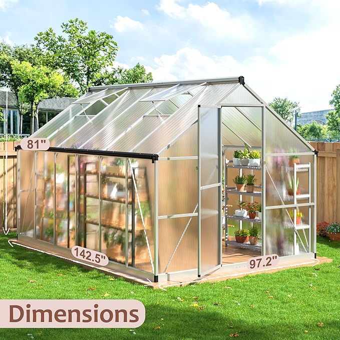 Greenhouse - 8x12 FT Quick Setup Polycarbonate with Roof Vent, Aluminum Large Walk-in for Outside Garden Backyard, Sliver