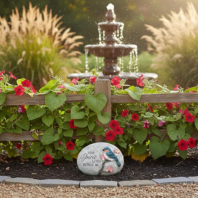 Bluebird Memorial Garden Stone Decoration,Sympathy Gift for Loss of Loved One,Outdoor Tribute Plaque with "Your Spirit Lives Within Me" Engraving,Spirit inspirational Memorial blue bird figurine