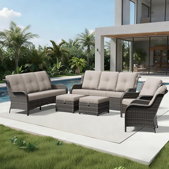 Joyside 6 Piece Wicker Patio Furniture Set, Rattan Patio Chairs with High Back, Deep Seating, Wide Armrest, Thickened Cushions, Outdoor Furniture for Deck, Porch Use