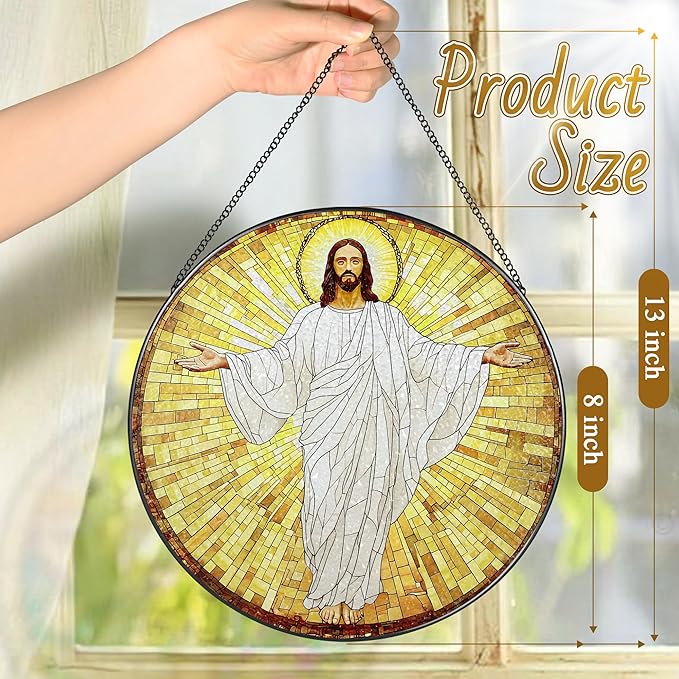 8'' Jesus Christ Stained Glass Suncatcher, Stained Glass Window Hanging, Religious Christmas Ornament, Christian Holiday Decor, Gift for Christmas, Religious Gifts, Christian Gifts