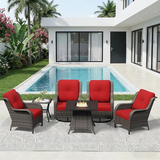 6 Pieces Outdoor Wicker Patio Furniture Set with Fire Pit Table, Patio Chair Set with Thickened Olefin Cushions, High Back and Deep Seating, Hand-Woven PE Rattan for Porch, Deck