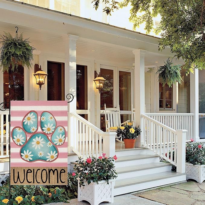 Welcome Spring Garden Flags for Outside, Dog Paw with Daisy Flowers Stripes Yard Decoration, Small Seasonal Outdoor Decor for Summer Farmhouse Holiday,12x18 Inch Double Sided