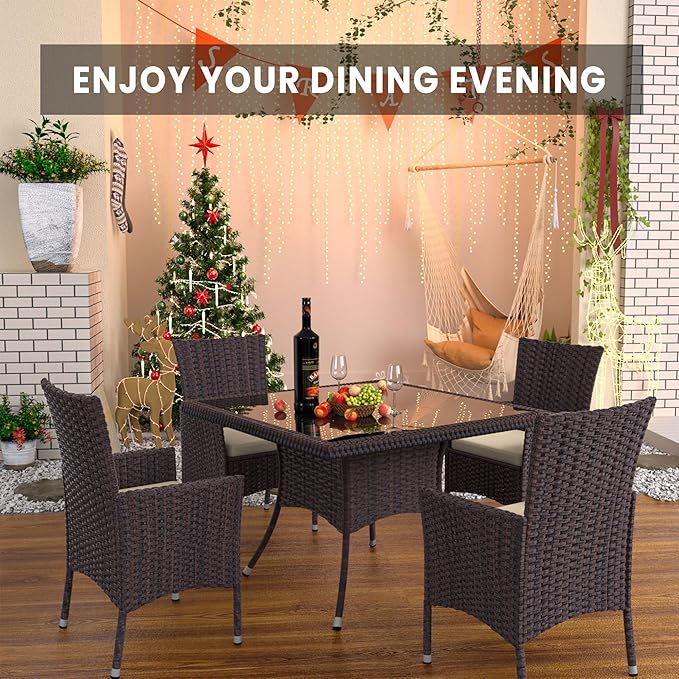 15 Piece Outdoor Dining Set,Rattan Patio Conversation Set of 12 Chairs,Patio Dining Table and Chairs w/Cushions,Square Glass Tabletop,Umbrella Cutout for Patio,Sand