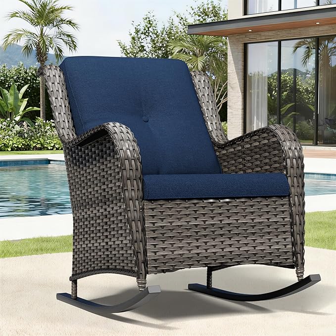 Joyside Outdoor Rocking Chair, Wicker Patio Furniture with High Back, Deep Seating, Wide Armrest, Thickened Cushions, Outdoor Rattan Furniture for Deck, Porch Use
